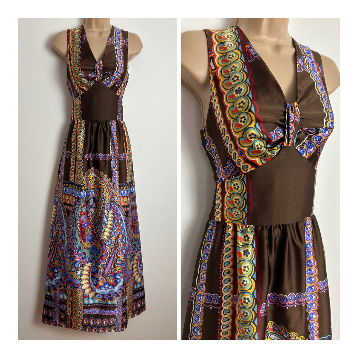 Vintage 1970s VERA MONT PARIS Size 8 Brown Orange Blue & Yellow Abstract Paisley Print Maxi Dress
