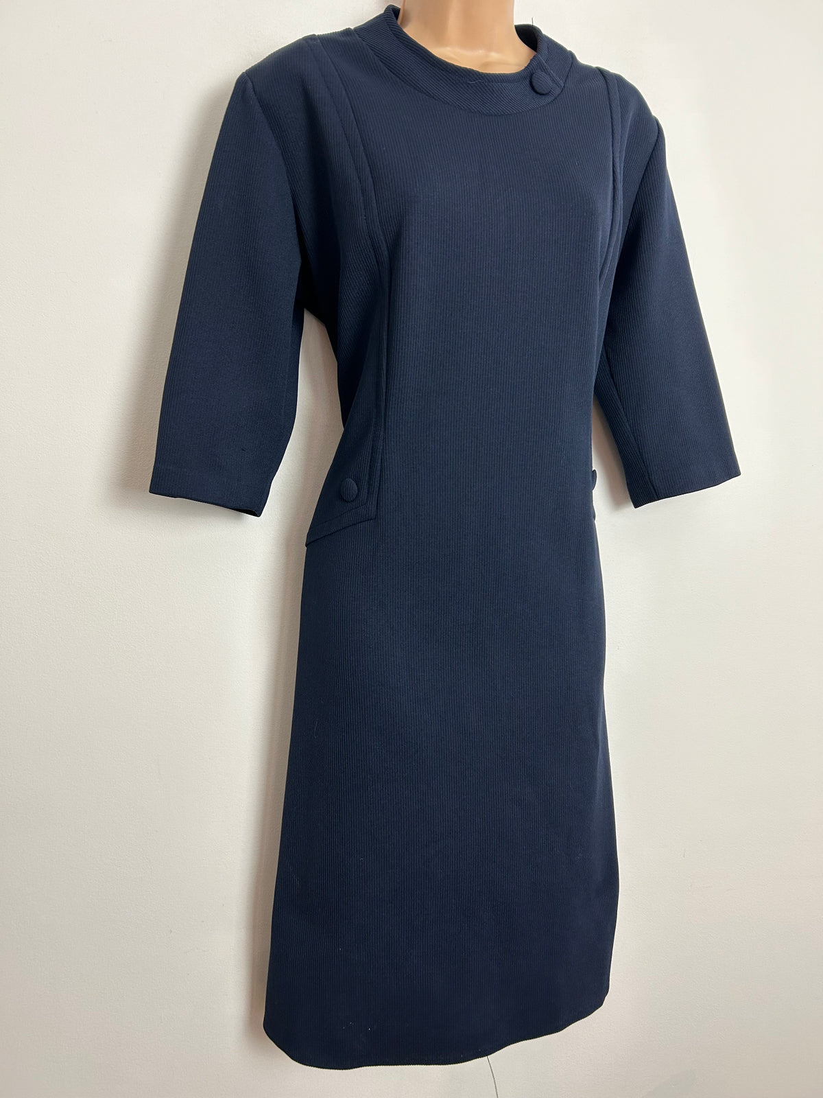 Vintage 1960s UK Size 16 Dark Midnight Blue Ribbed 3/4 Sleeve Mod Shift Dress