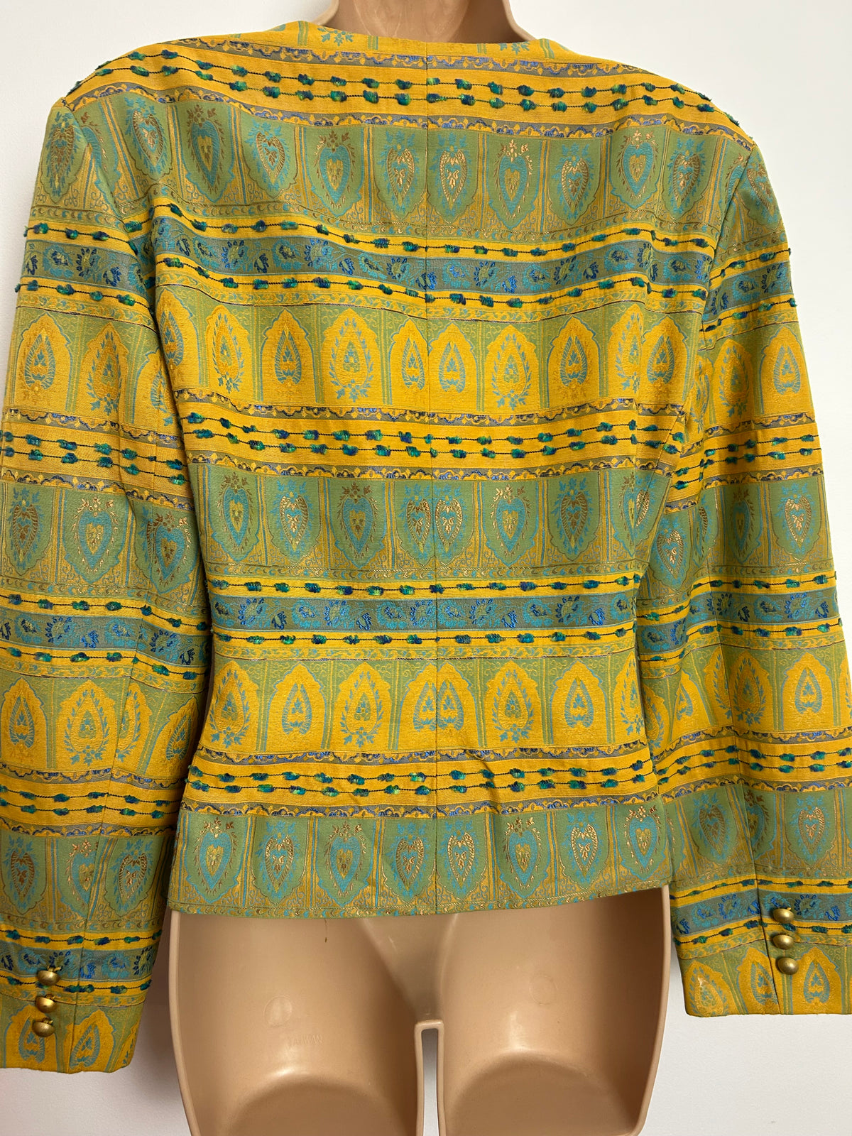 Vintage 1980s JULIE GUERLANDE Size 14 Yellowy Gold & Duck Egg Blue Jacquard Collarless Jacket