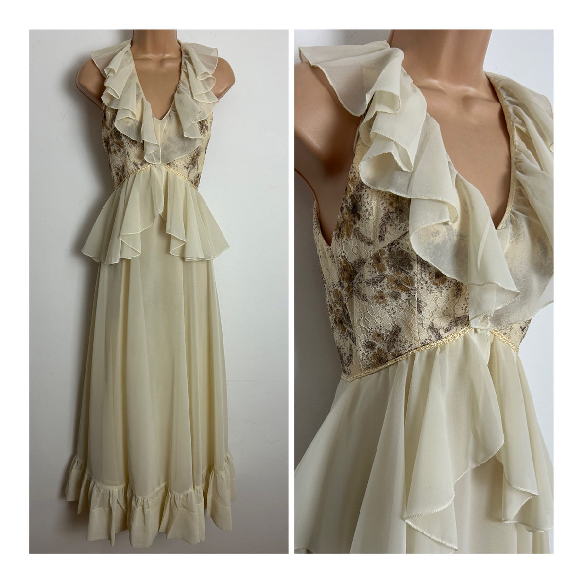 Vintage 1970s Size 4-6 Cream & Brown Lace Bodice Ruffle Trim Peplum Boho Maxi Dress