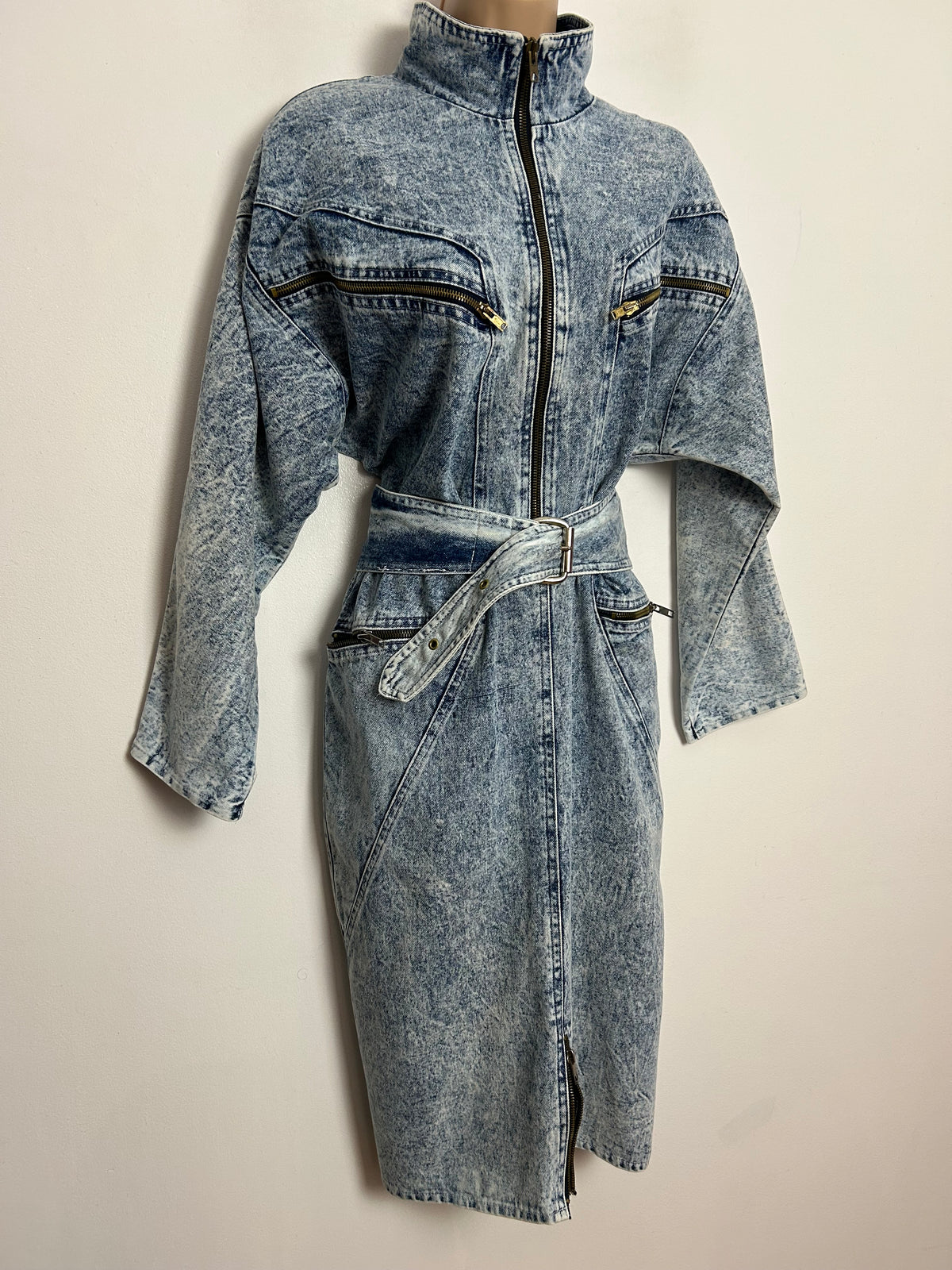 Vintage 1980s RARE ST DENIS UK Size 12 Acid Wash Blouson Style Zip Pocket Belted Deni Dress