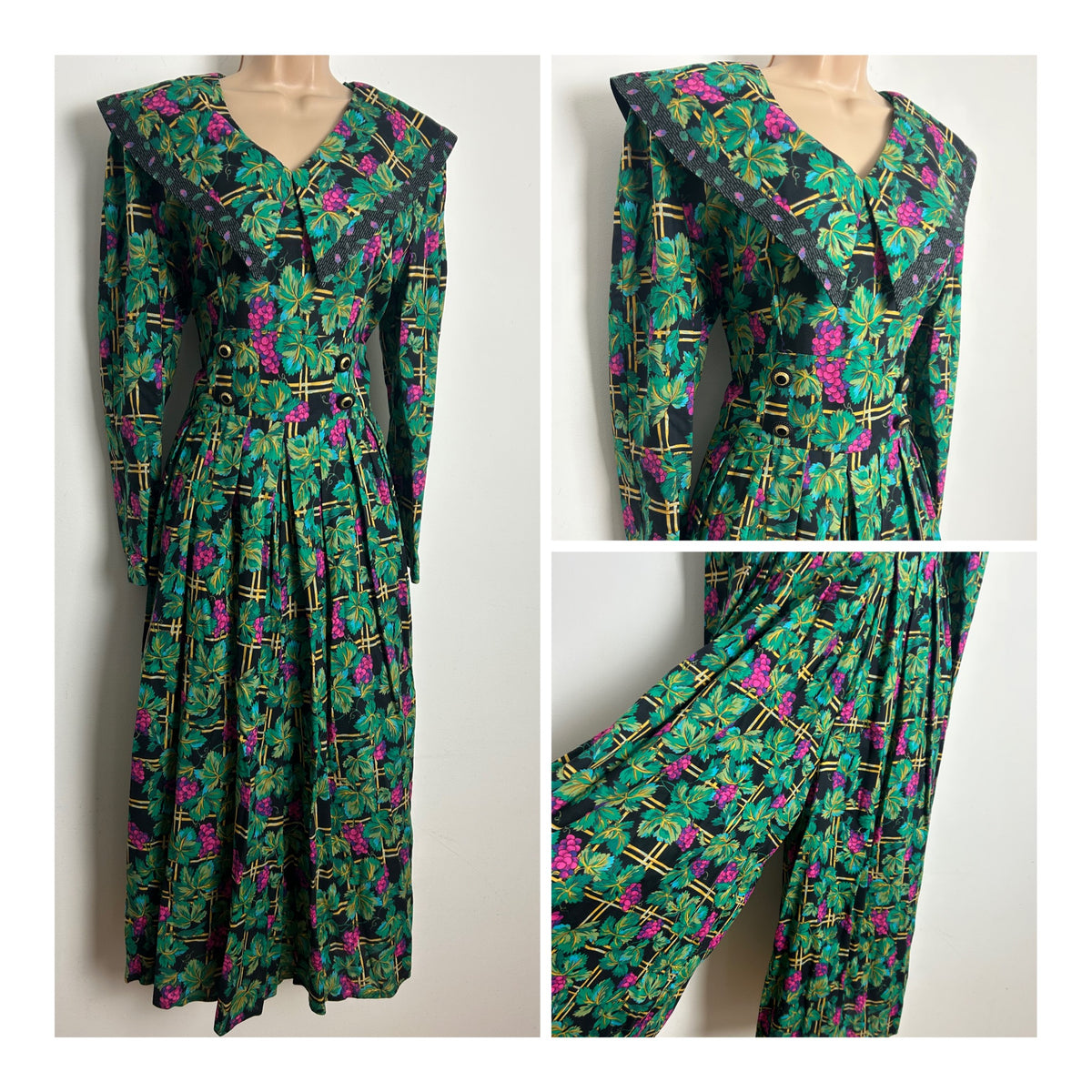 Vintage Late 1980s SUTTLES & SEAWINDS Size Small (8-10) Green Black & Pink Trellis & Grapevine Print Culotte Style Jumpsuit