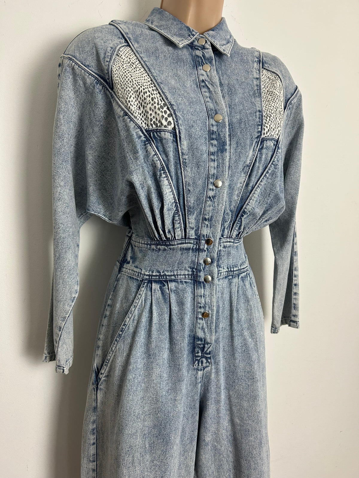 Vintage 1980s AVON FASHIONS Size 8-10 Acid Wash Denim & Snake Print Panels Tapered Leg Jumpsuit