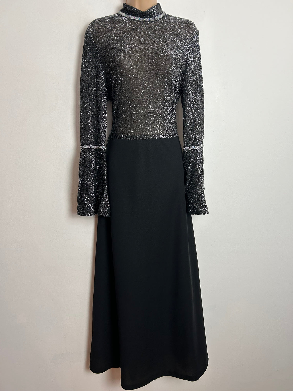 Vintage 1970s UK Size 12 Black & Silver Lurex Split Sleeve Occasion Evening Maxi Dress
