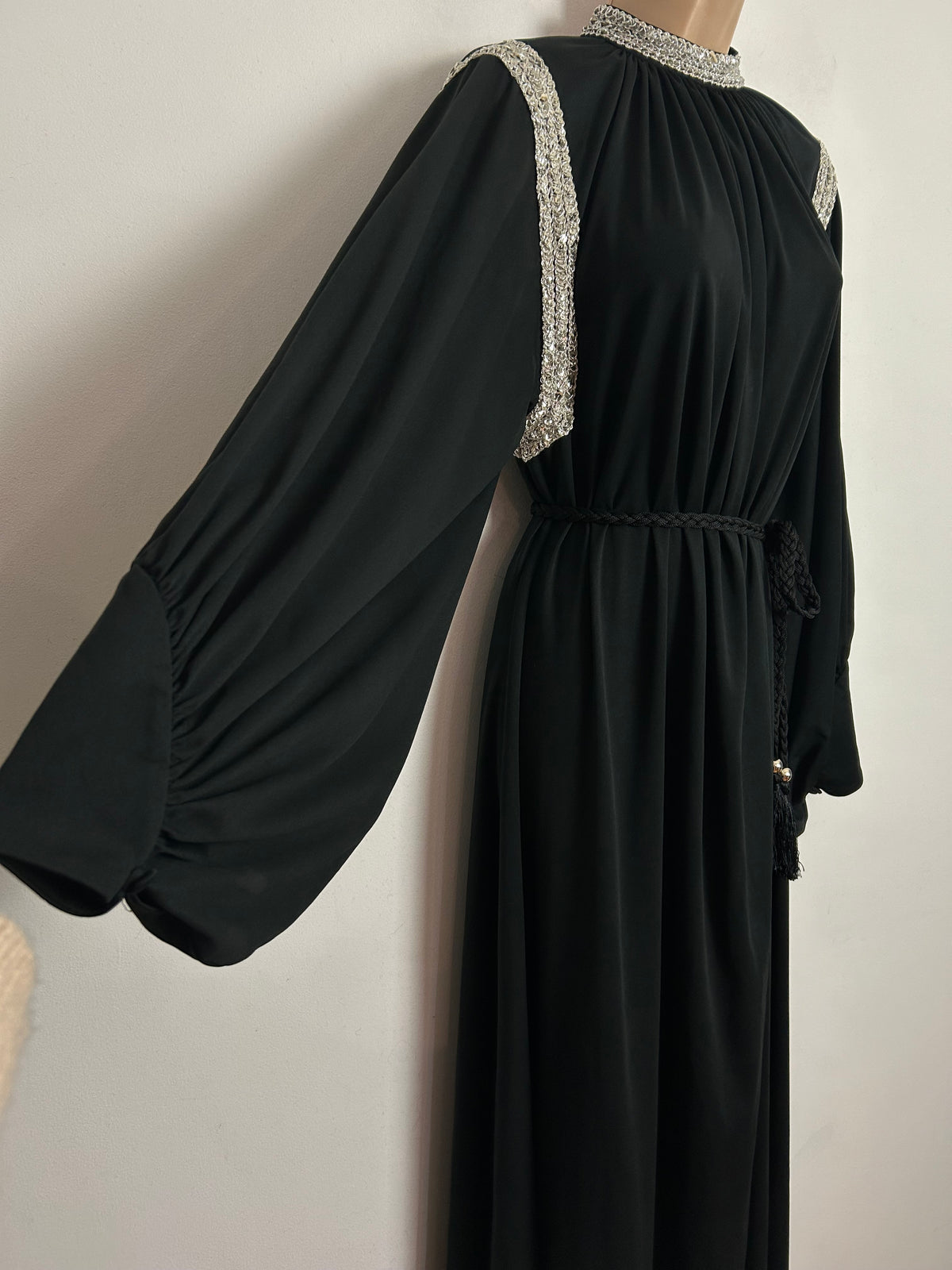 Vintage 1970s UK Size 14-16 Black Silver Braid & Sequin Trim Balloon Cuffed Sleeve Belted Occasion Evening Maxi Dress