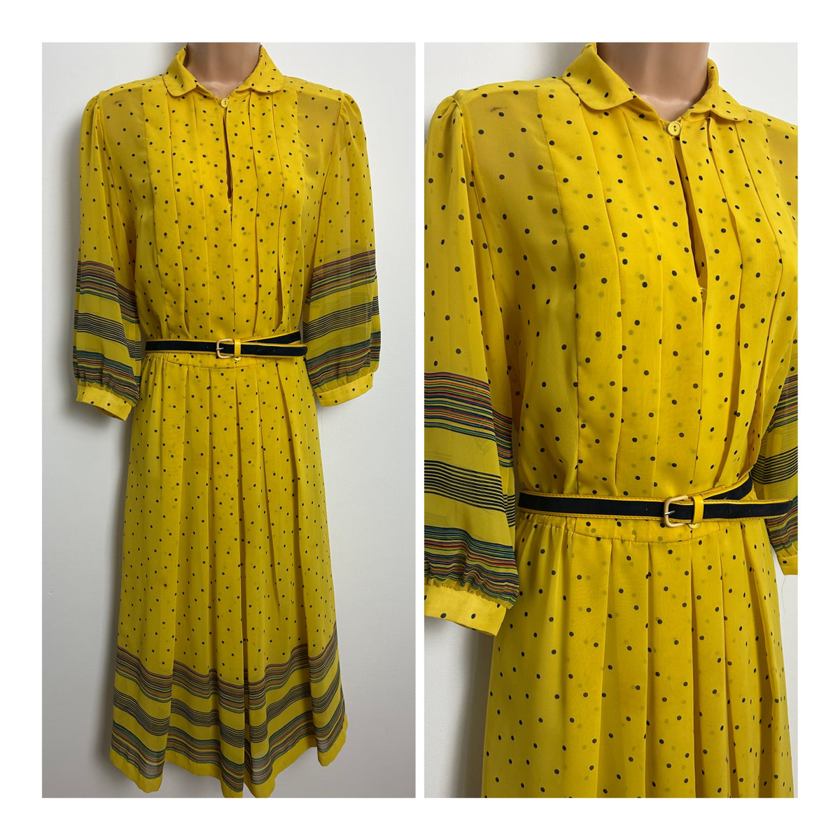 Vintage Late 1970s/Early 1980s CARRE Size 10-12 Yellow & Black Polka Dot Belted Pleated Day Dress
