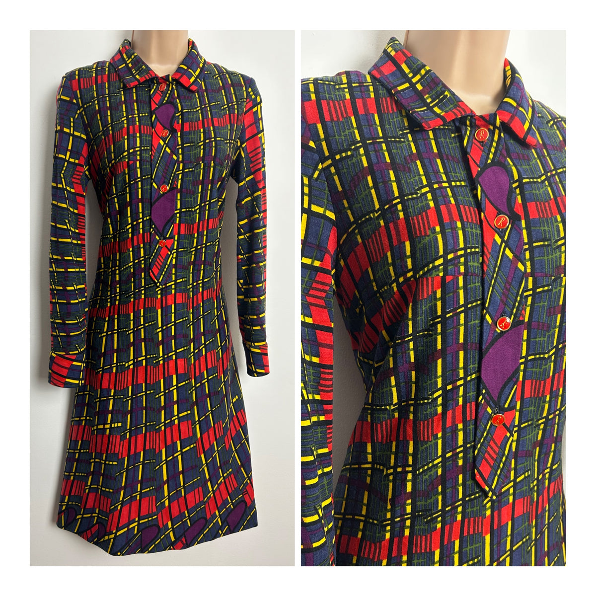 Vintage 1970s Size 10 Dark Blue Purple Red & Yellow Check Print Jersey Mod Shift Dress