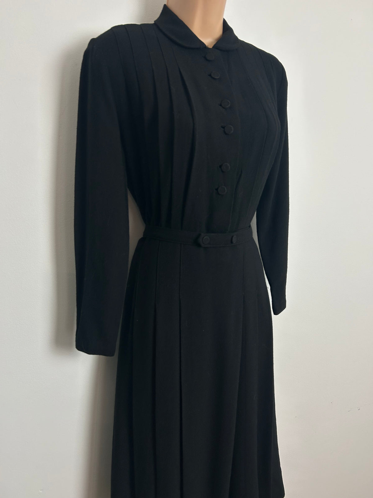 Vintage 1940s Size 12 Black Woven Rayon Pleated Belted Tea Day Dress