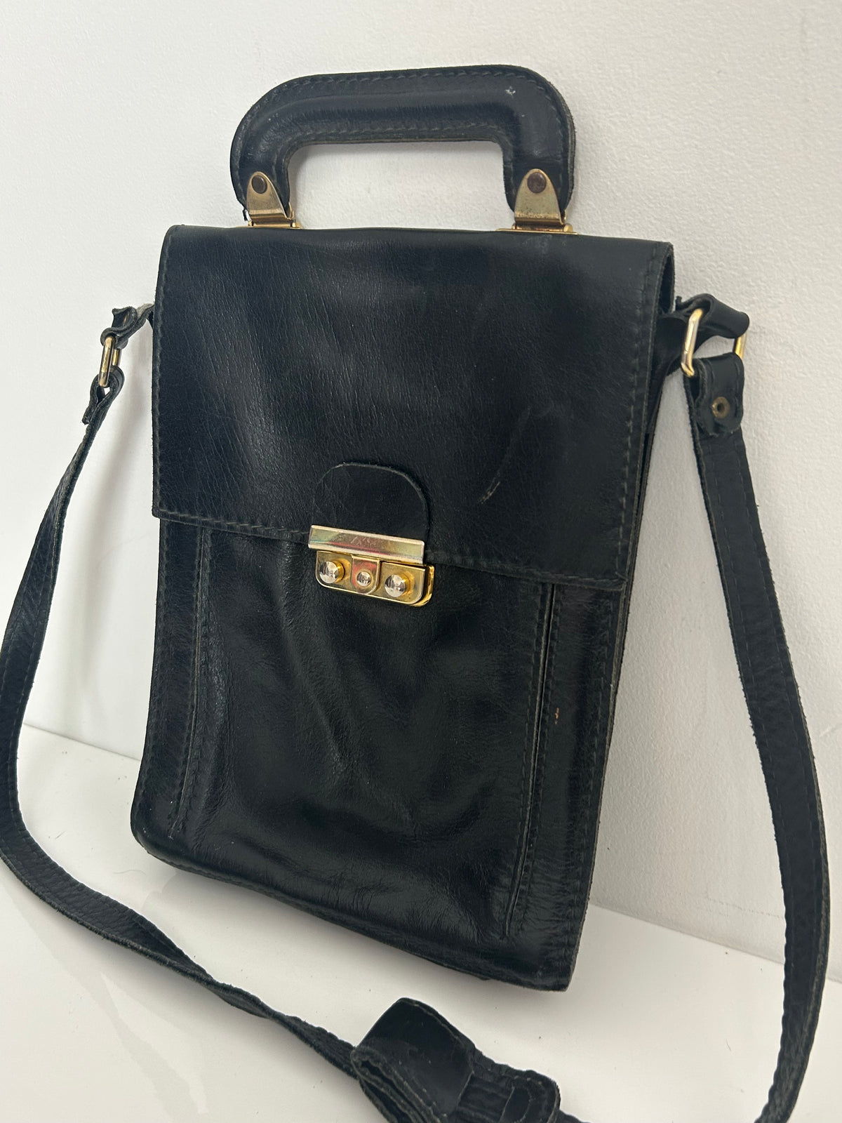 Vintage 1970s Black Leather Satchel Style Shoulder Bag