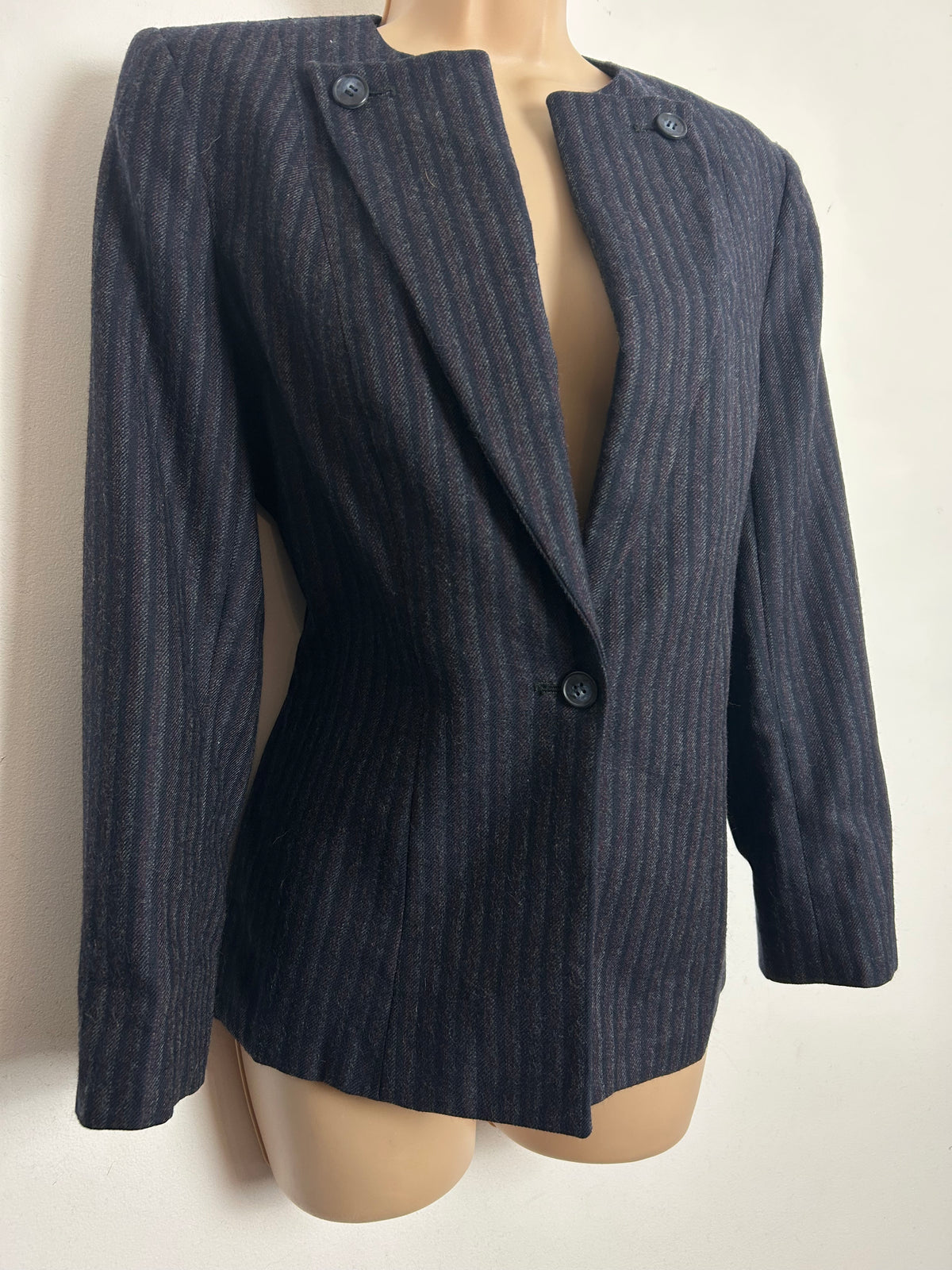 Vintage 1980s Size 10 Darkest Grey Stripe Wool Mix Button Collar Blazer
