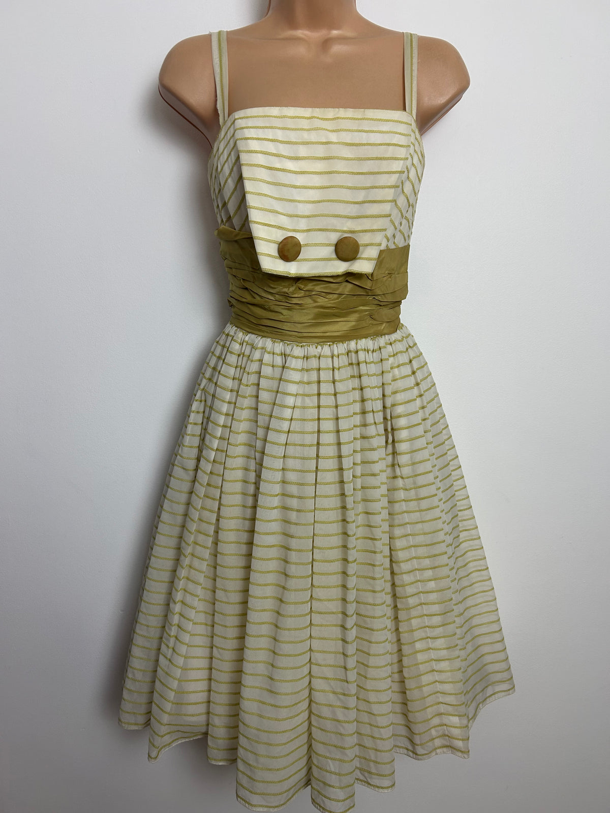 Vintage 1950s Size 4-6 White & Olive Green Stripe Print Ruched Waist Panel Party Prom Dress