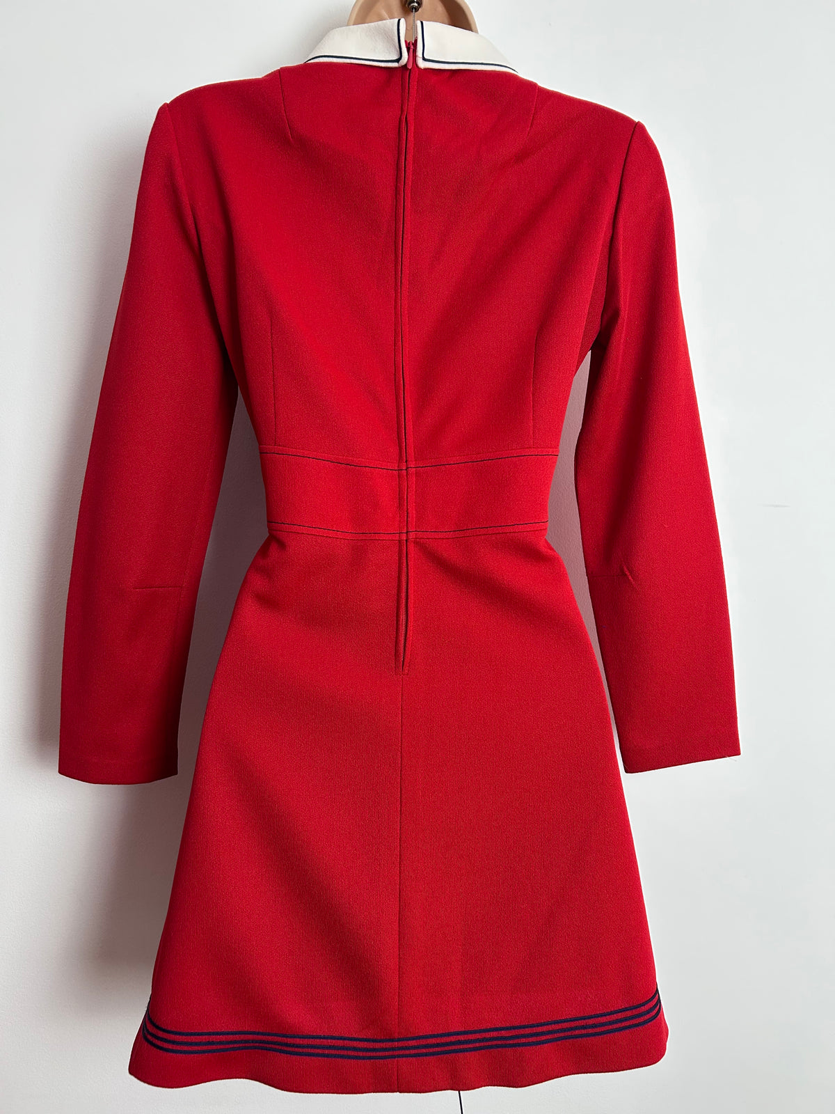 Vintage 1960s UK Size 8 Cute Red Beagle Collar Long Sleeve Mini Mod Dress