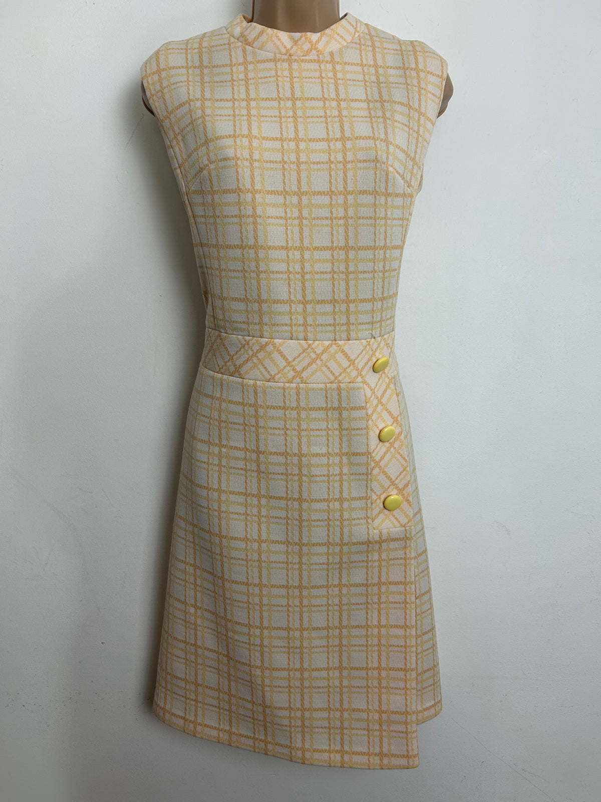 Vintage 1960s Size 12 Cream & Pale Mustard Tones Check Print Mod Dress