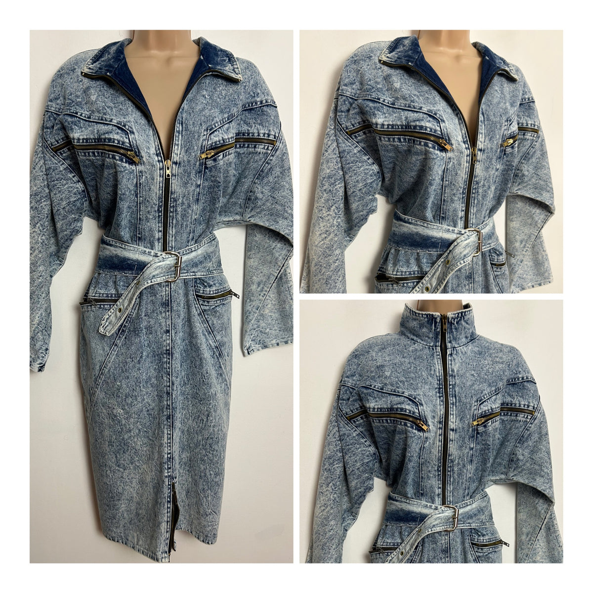 Vintage 1980s RARE ST DENIS UK Size 12 Acid Wash Blouson Style Zip Pocket Belted Deni Dress