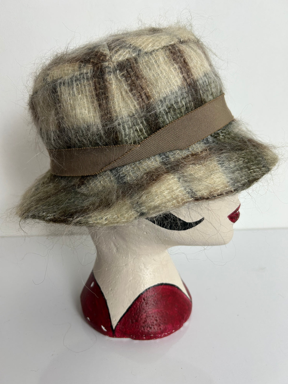 Vintage Brown & Beige Check Wool & Angora Mix Trilby Style Hat