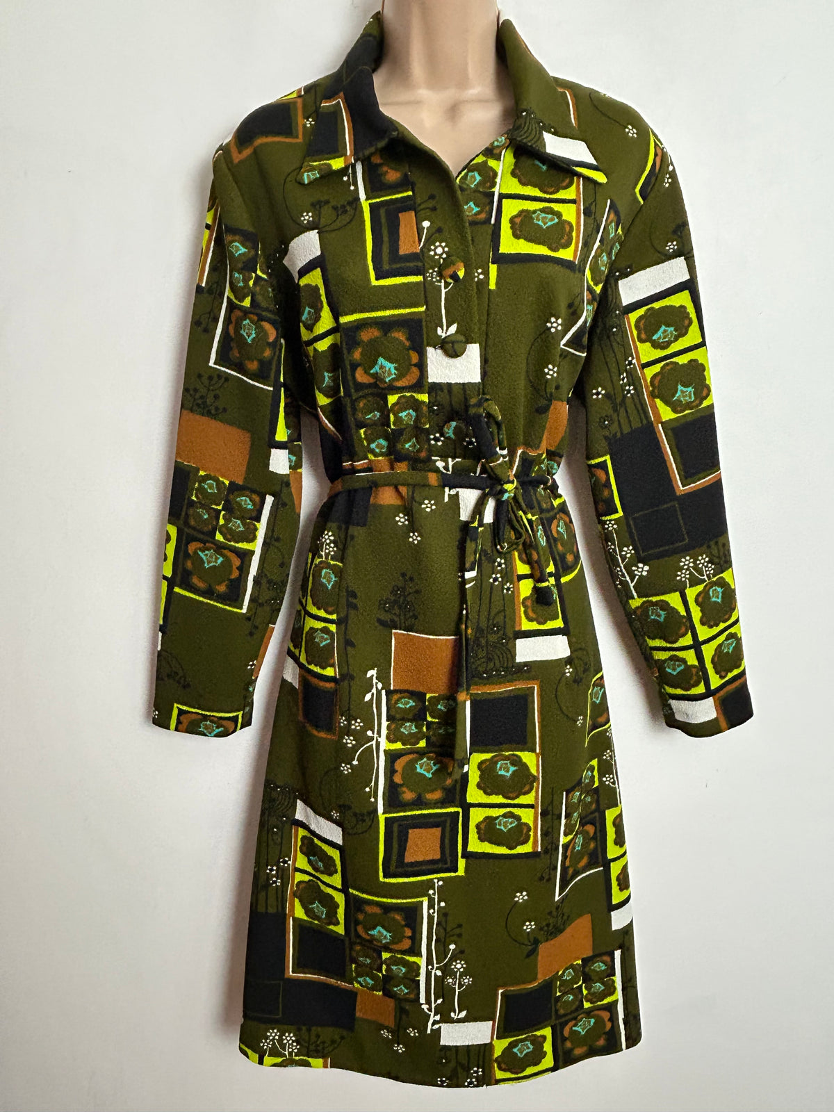 Vintage 1960s UK Size 14-16 Green Tones Abstract Print Crimplene Long Sleeve Belted Mod Dress
