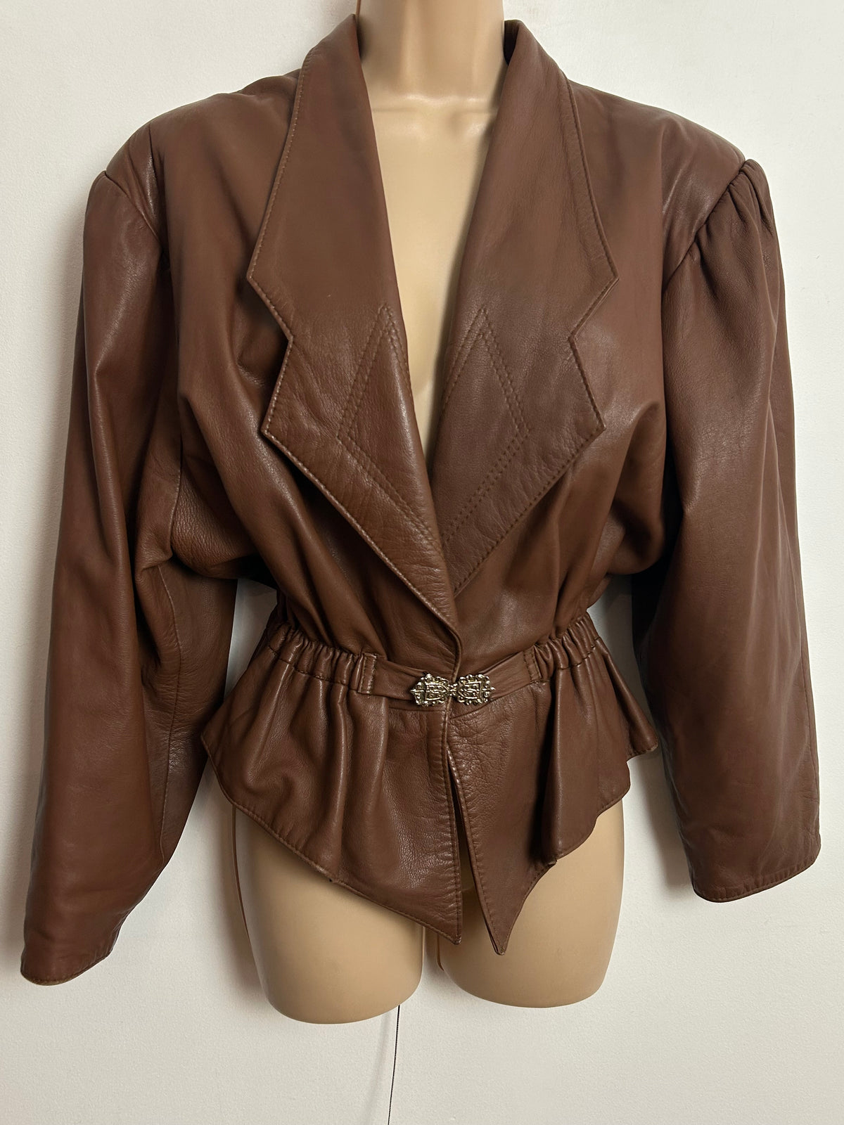 Vintage 1980s UK Size 12 Soft Supple Brown Leather Buckle Waisted Peplum Jacket
