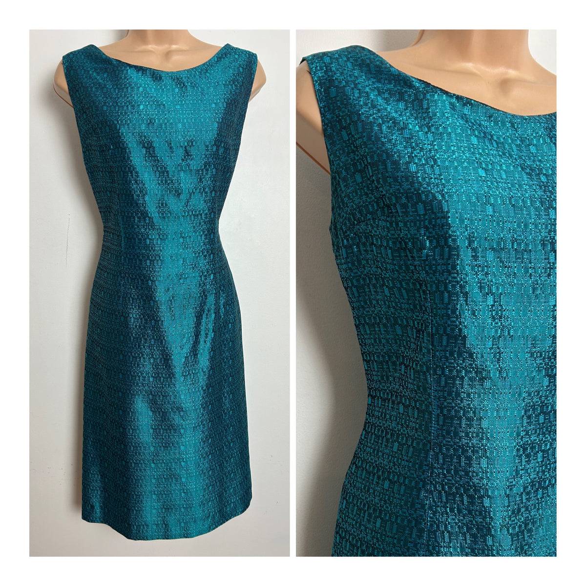 Vintage 1960s Size 12 Metallic Teal Jacquard Fitted Wiggle Party Dress Size 12