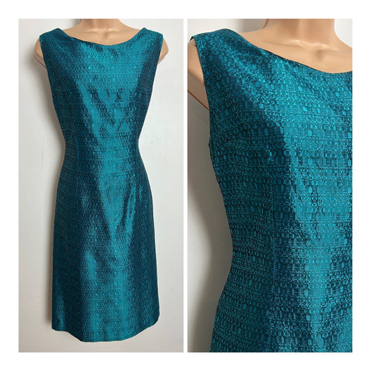 Vintage 1960s Size 12 Metallic Teal Jacquard Fitted Wiggle Party Dress Size 12