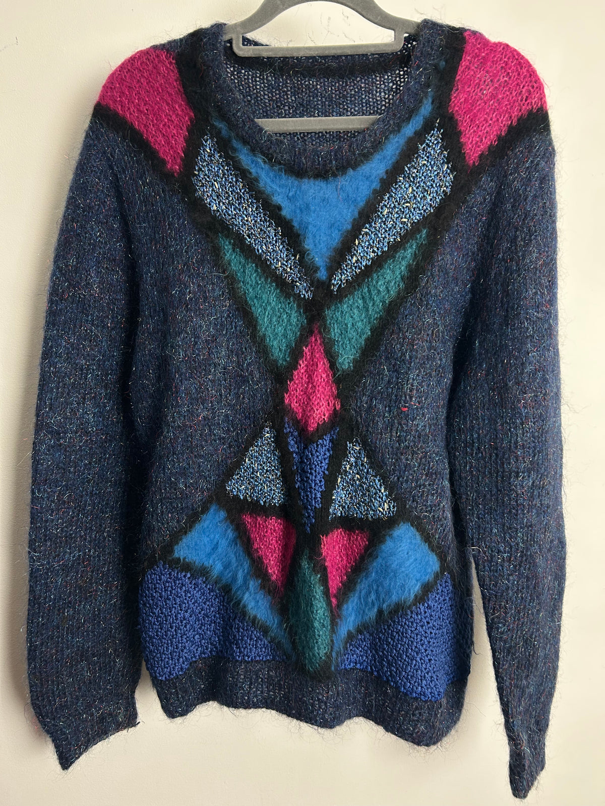 Vintage 1980s One Size Up To Size 16 Blue Pink & Teal Geo Pattern Jumper