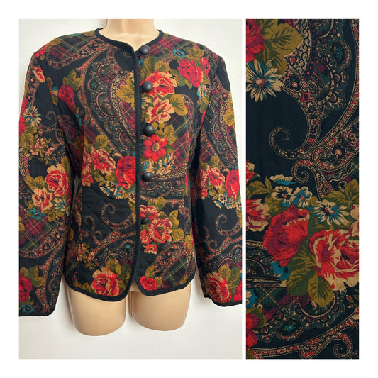 Vintage Late 1980s ST MICHAEL Size 10 Black Red & Green Floral & Paisley Print Quilted Jacket