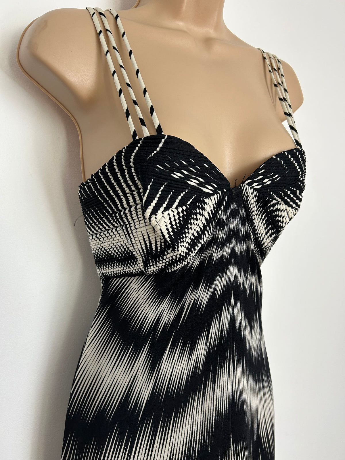 Vintage Late 1970s Size 10 Black & White Op Art Print Triple Strap Empire Line Occasion Maxi Dress