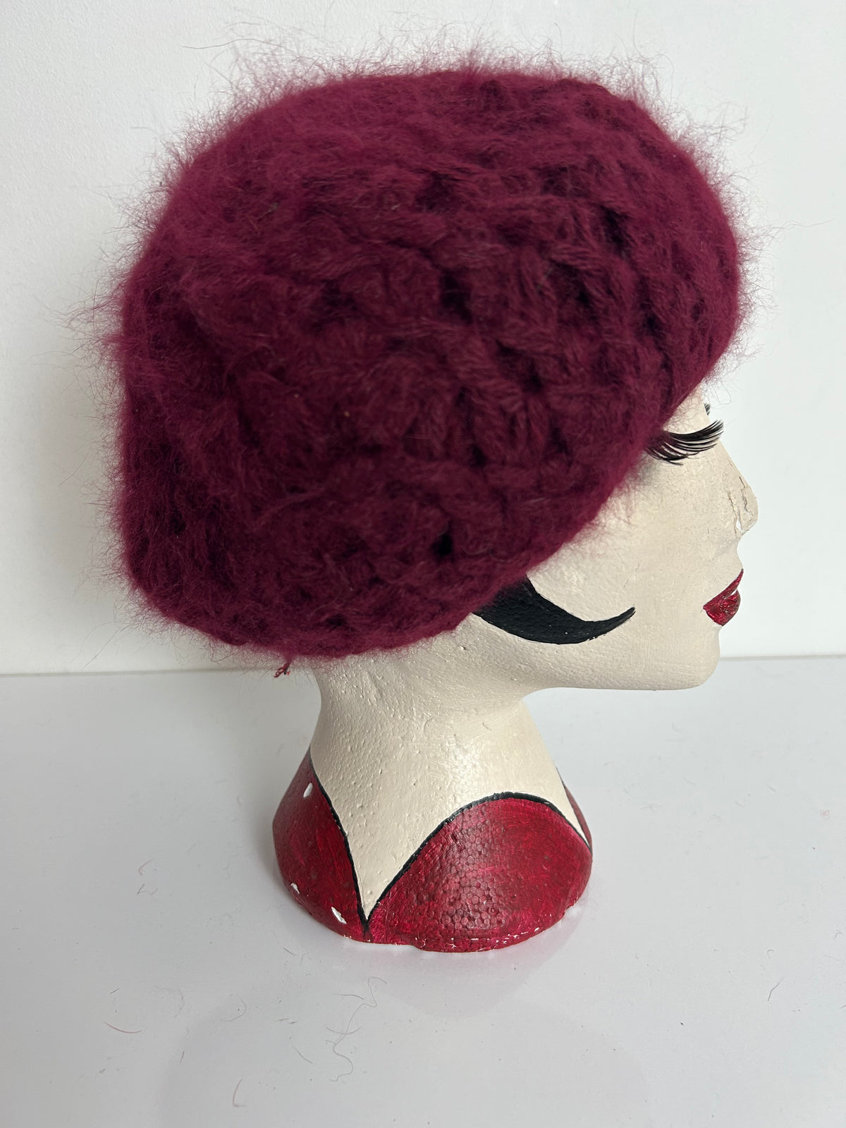 Vintage Burgundy/Maroon Wool & Angora Mix Semi Chunky Knit Beret Style Hat