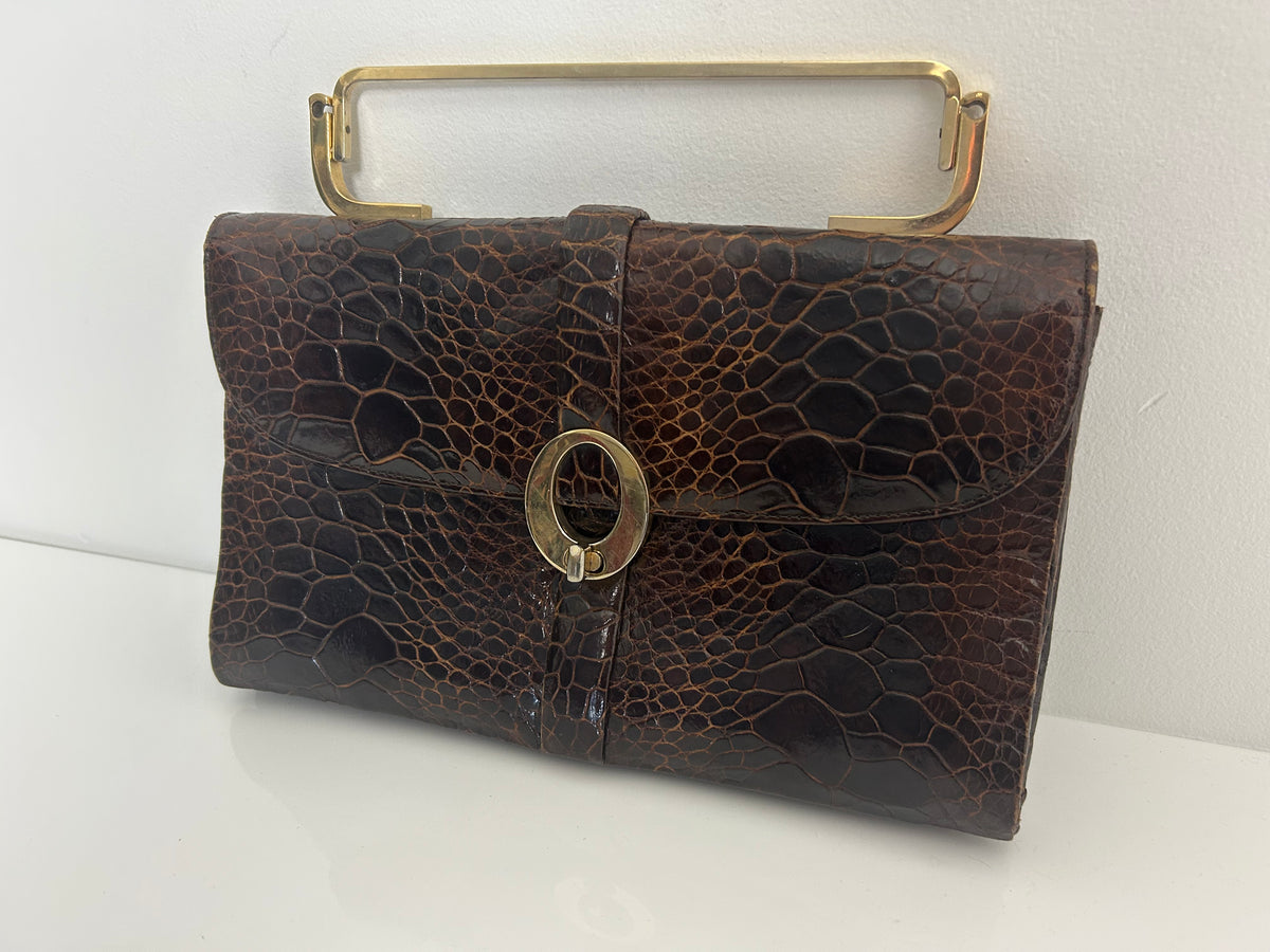 Vintage 1960s Gorgeous Mexican OTTO BULER G Brown Turtle Skin Gold Handle Handbag