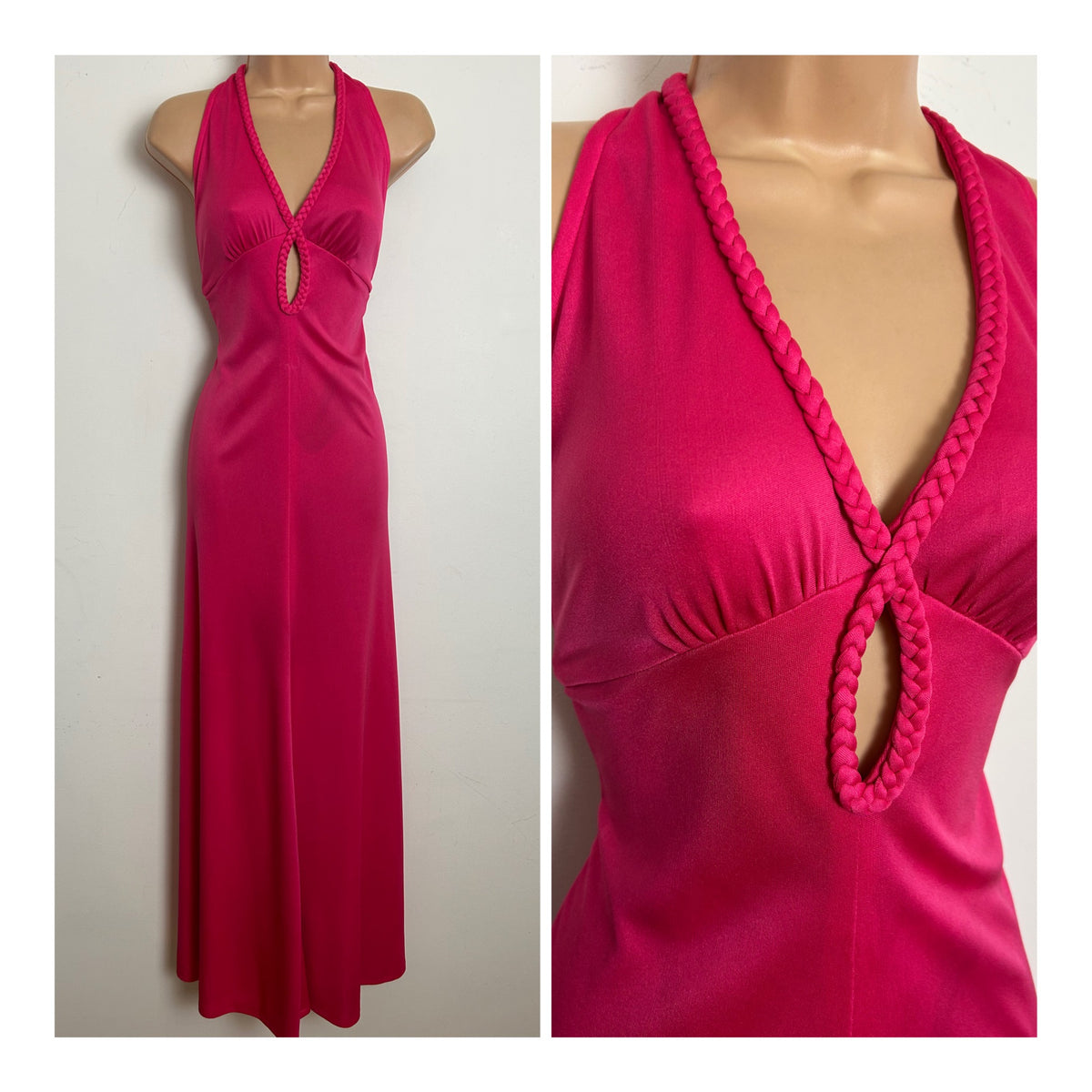 Vintage 1970s BERNSHAW Size 8-10 Hot Pink Plait Detail Halterneck Keyhole Open Back Maxi Dress