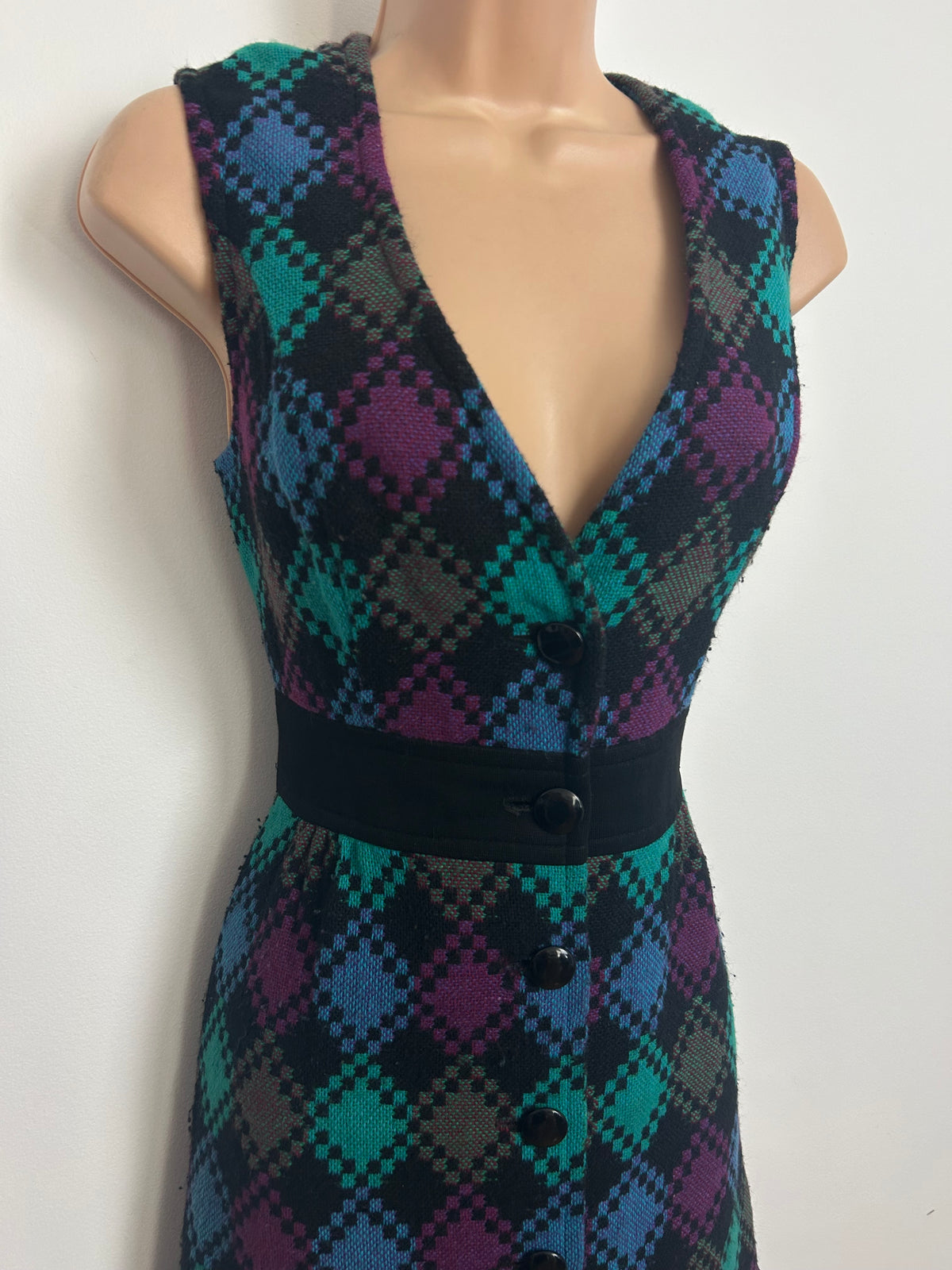 Vintage Late 1960s WINDSMOOR Size 10 Black Blue & Purple Diamond Check Button Through Woven Day Dress
