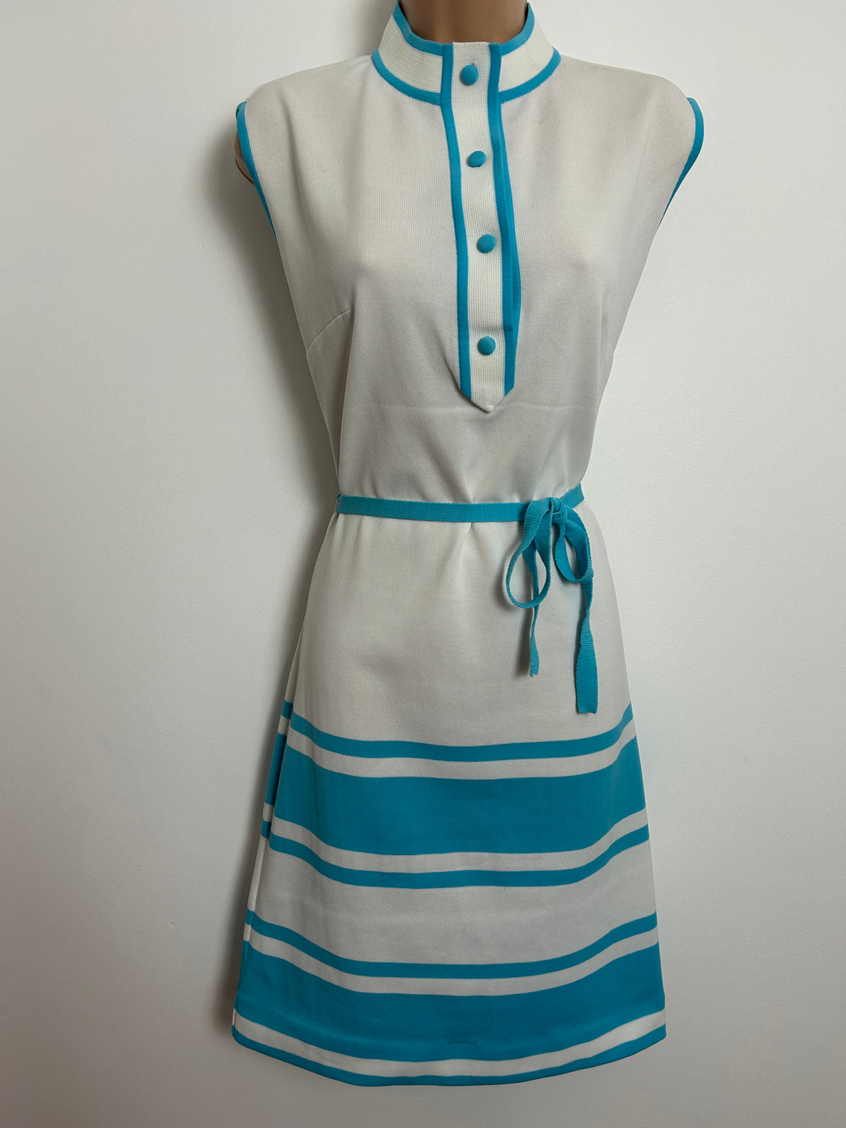 Vintage 1960s Size 12-14 White & Turquoise Stripe Sleeveless Belted Summer Mod Dress