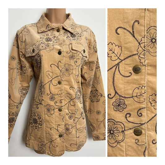 Vintage 1990s Size 12-14 Beige & Brown Floral Stitch Detail Needlecord Corduroy Jacket