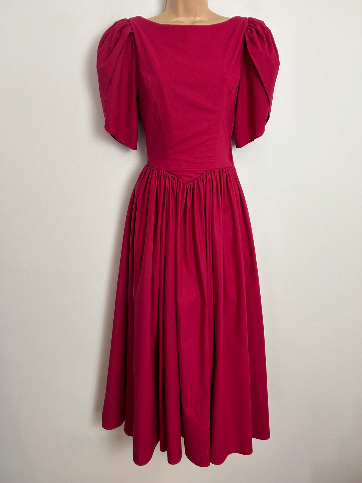 Vintage 1980s LAURA ASHLEY UK Size 8 Dark Pink Cotton Bow Back Midi Ballgown Dress