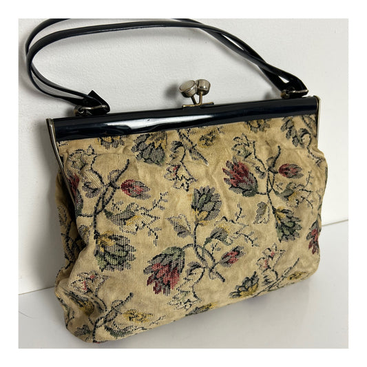 Vintage 1960s Cream & Pink Floral Woven Carpet Kiss Lock Bag