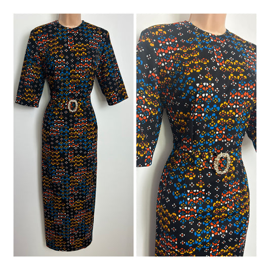 Vintage Late 1960s Size 12-14 Black Orange Blue & White Abstract Floral Print Maxi Dress