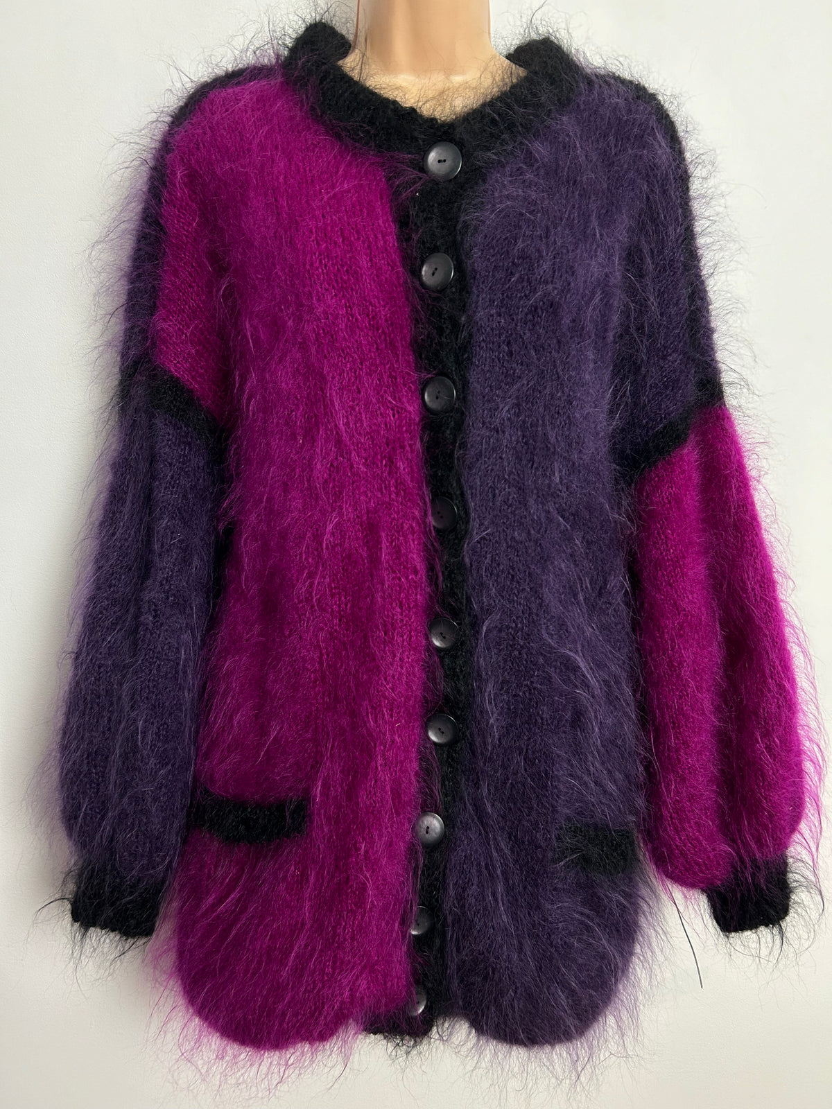 Vintage 1980s HILKE STAHL One Size Very Slouchy Purple Black & Dark Pink Mohair & Wool Long Sleeve Cardigan