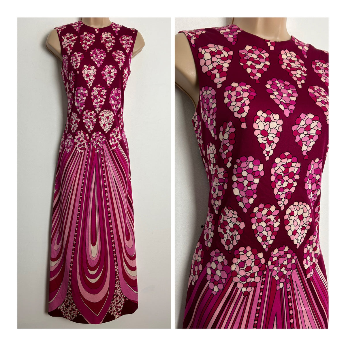 Vintage 1970s Size 10-12 Stunning Magenta & Pink Tones Abstract & Stripe Print Sleeveless Maxi Dress