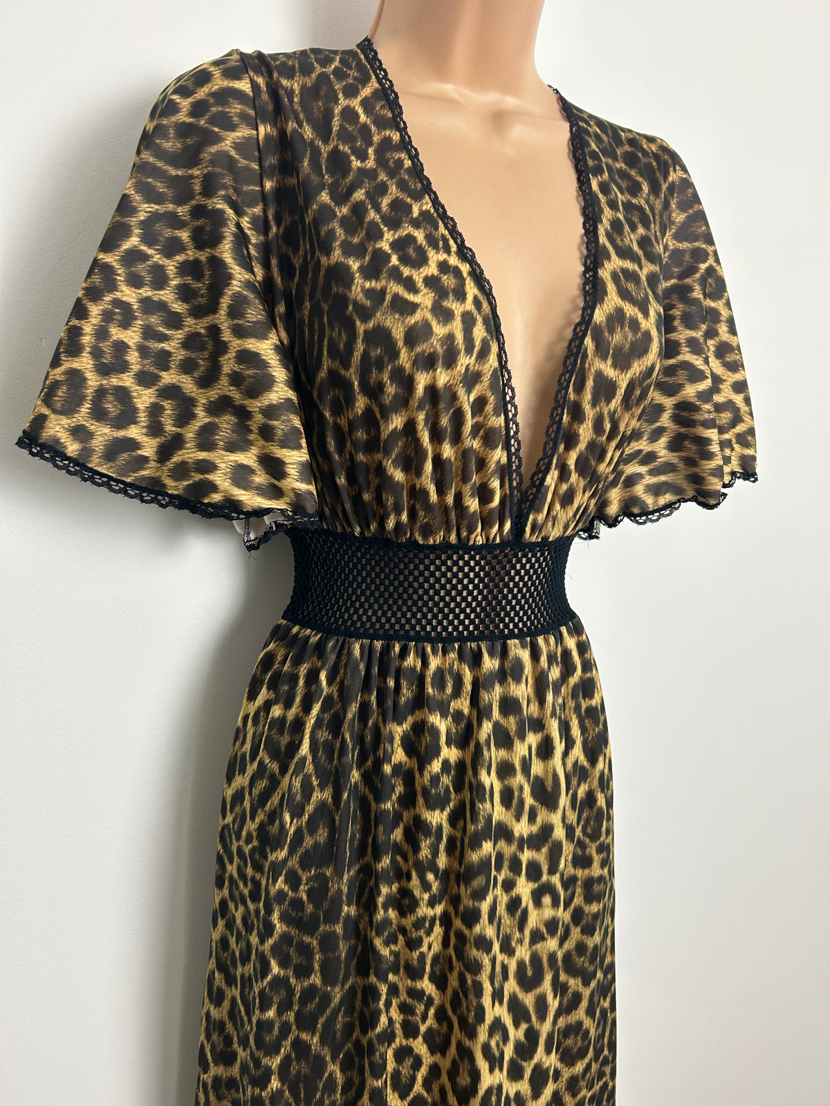 Vintage Late 1970s EUROBELLE Size 8-10 Leopard Print Flutter Sleeve Mesh Waist Panel Maxi Dress