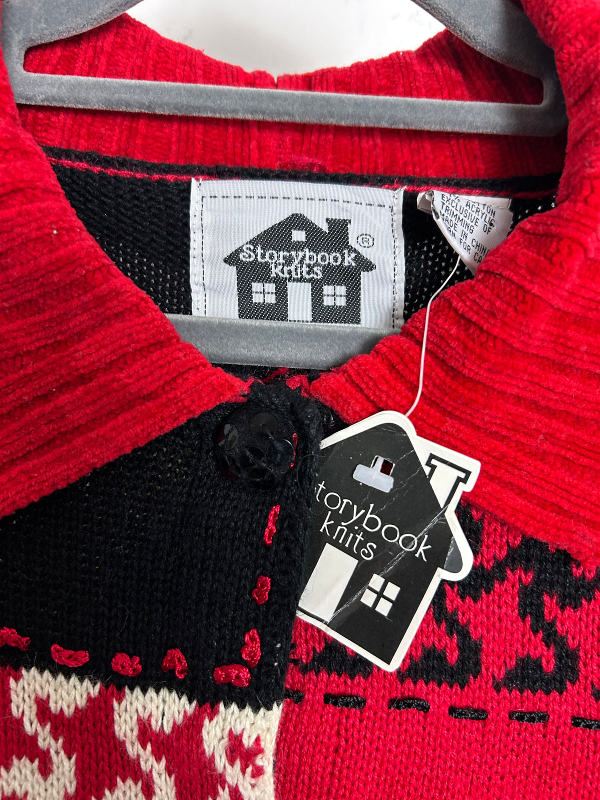 Vintage 1990s BNWT STORYBOOK KNITS Size 1X (UP To 18/20) Red & Black Houndstooth & Scottie Dogs Novelty Print Cardigan