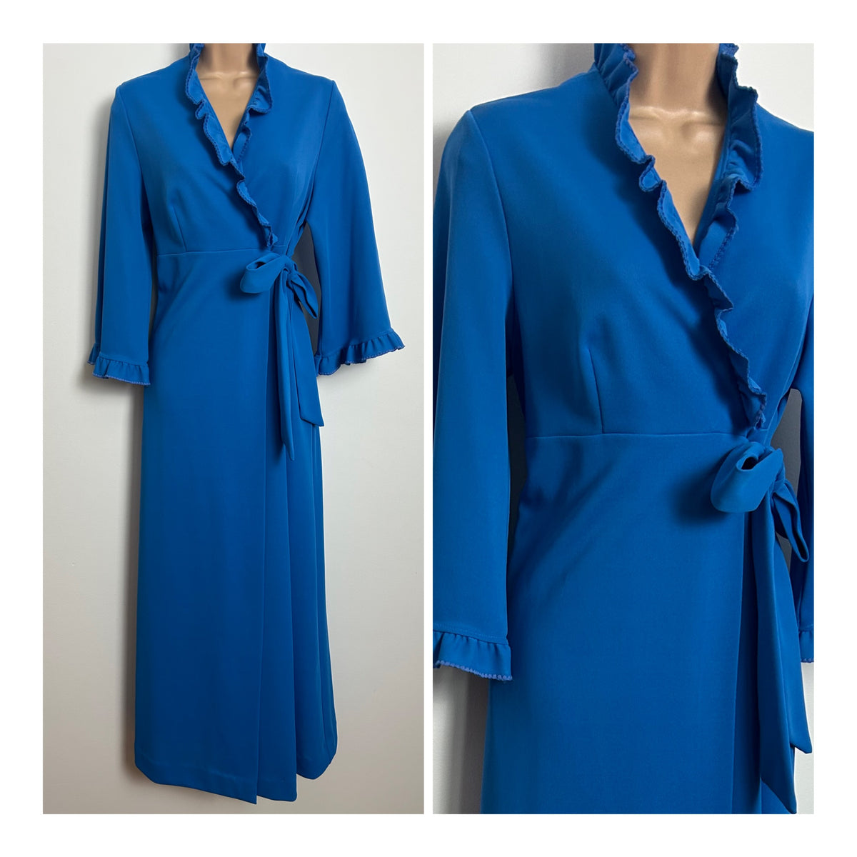 Vintage 1970s Size 10 Blue Ruffle Trim Full Wrap Style Maxi Length House Coat/Dressing Gown