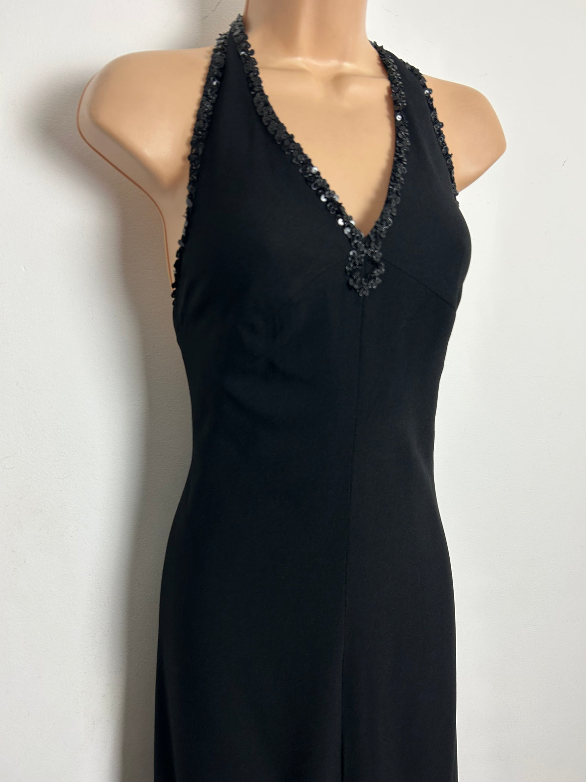 Vintage 1970s Size 10-12 BlackPure New Wool Sequin Open Back Bow Strap Halter Neck Evening Maxi Dress