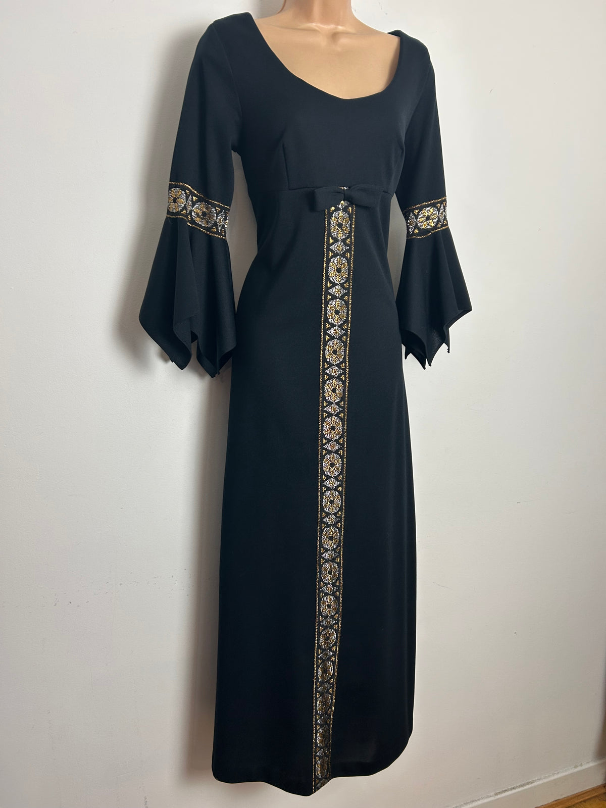 Vintage 1970s Size 8 Black & Metallic Gold & Silver Detail Flared Cuff Evening Maxi Dress