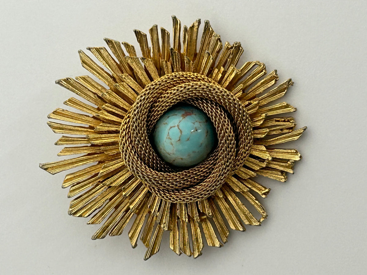 Vintage 1960s Gold Tone Base Metal Sunburst Turquoise Stone Set Brooch