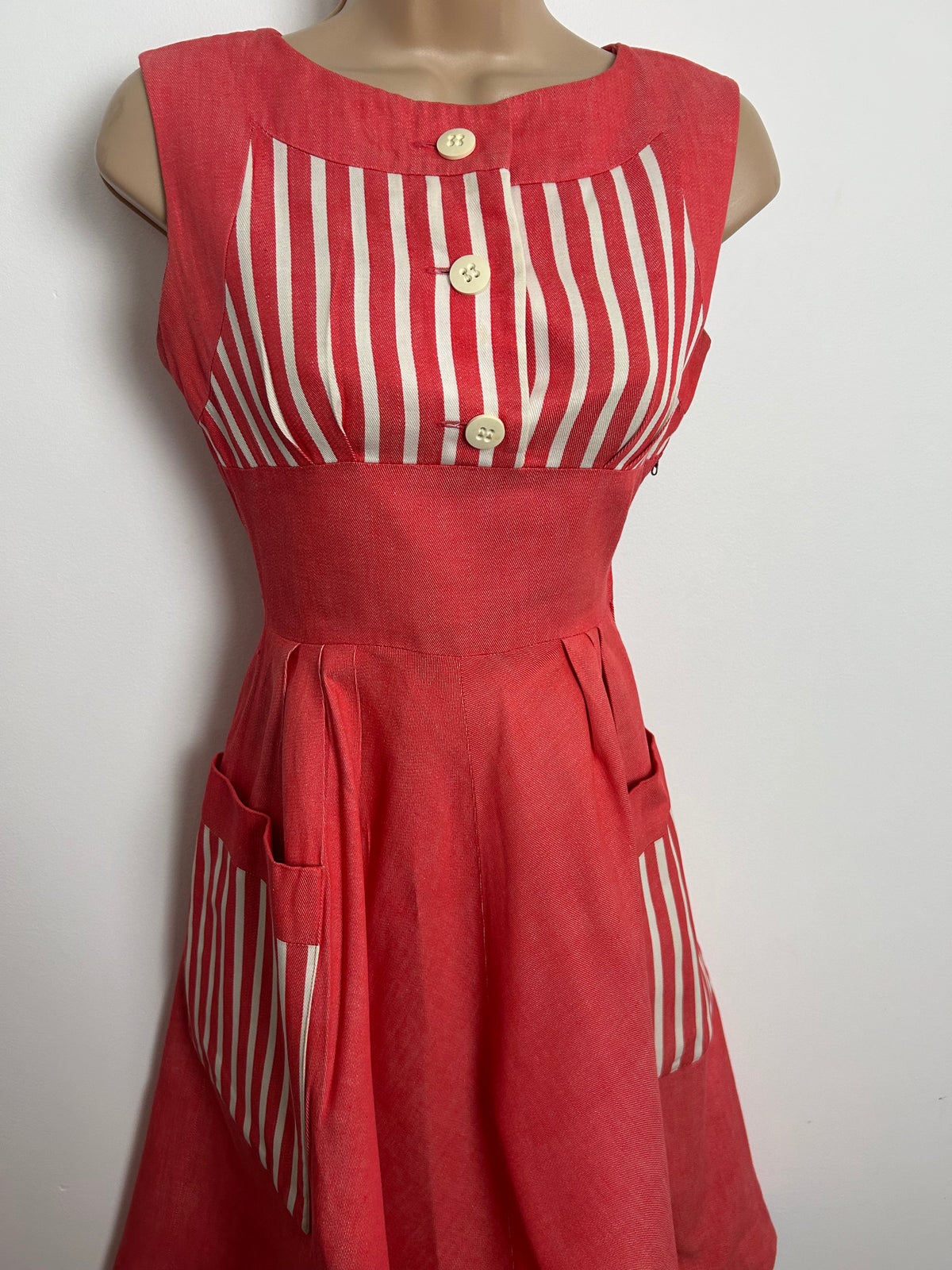 Vintage Late 1950s/Early 1960s BRIGITTE Size 6 Red & White Stripe Print Pocket Detail Pleated Rockabilly Dress