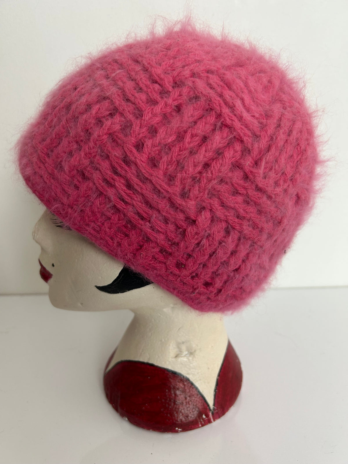 Vintage Pink Wool & Angora Mix Chunky Knit Reversible Beanie Hat