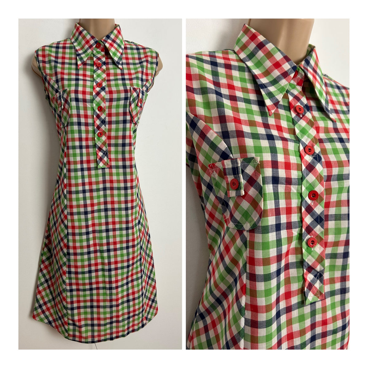 Vintage 1970s Size 12 White Green Red & Blue Check Print Cotton Mix Sleeveless Mod Shift Dress