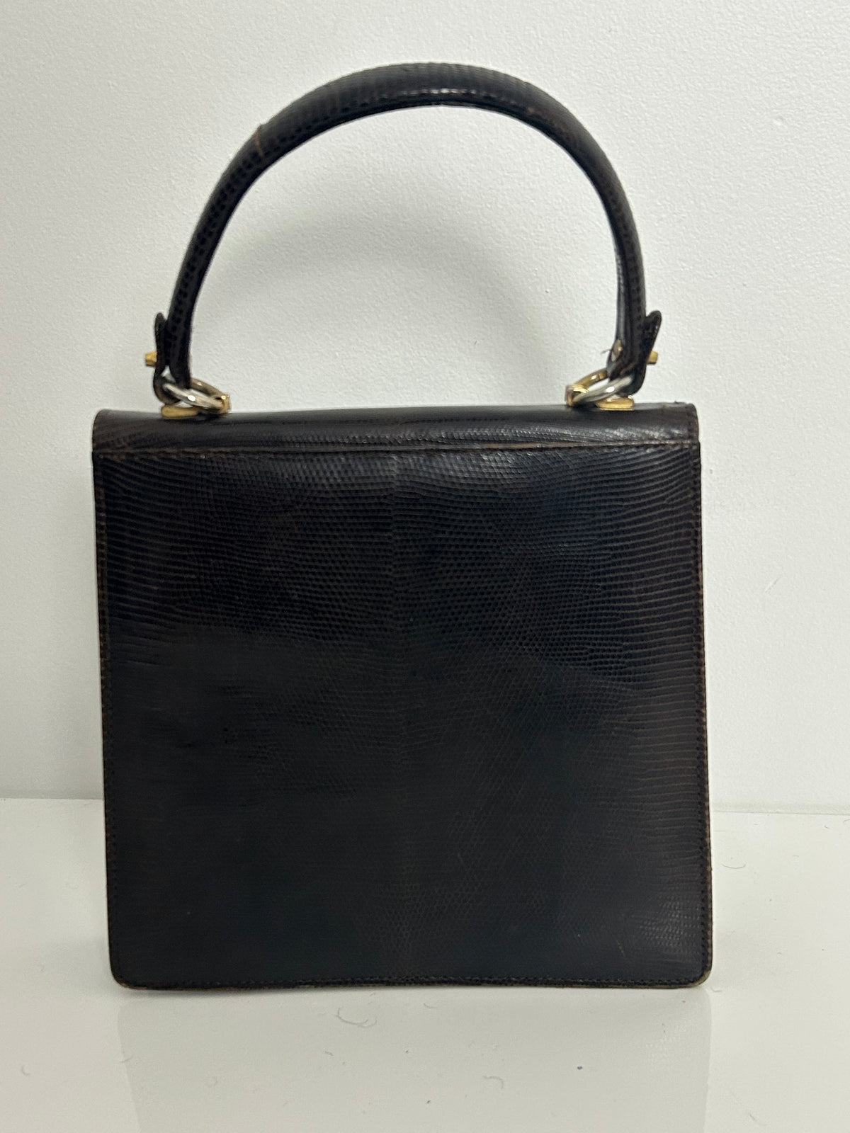 Vintage 1960s Dark Brown Leather Grab Handle Kelly Style Handbag