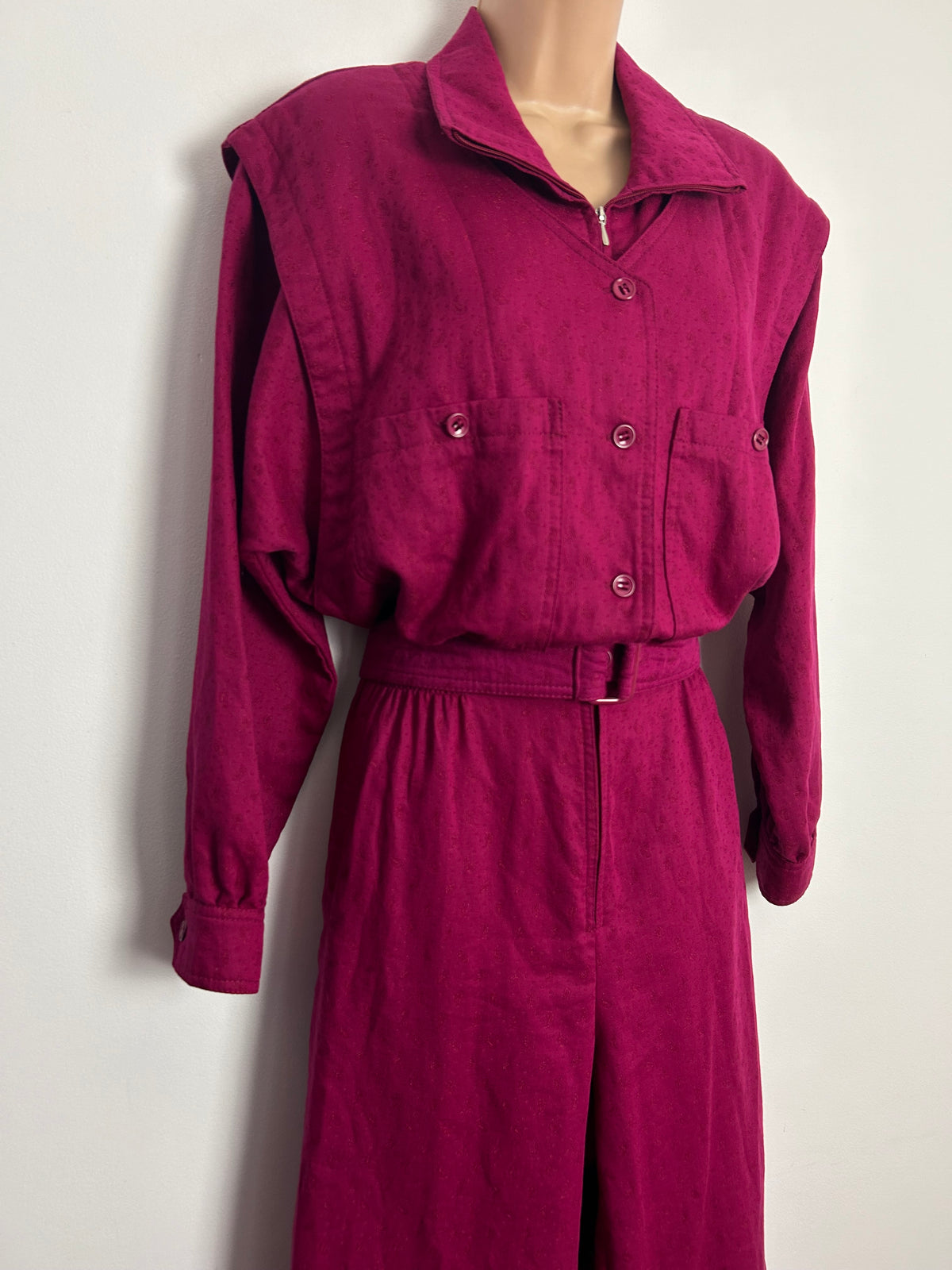 Vintage 1980s UK Size 10-12 Magenta Pink Cotton Long Sleeve Belted Jumpsuit