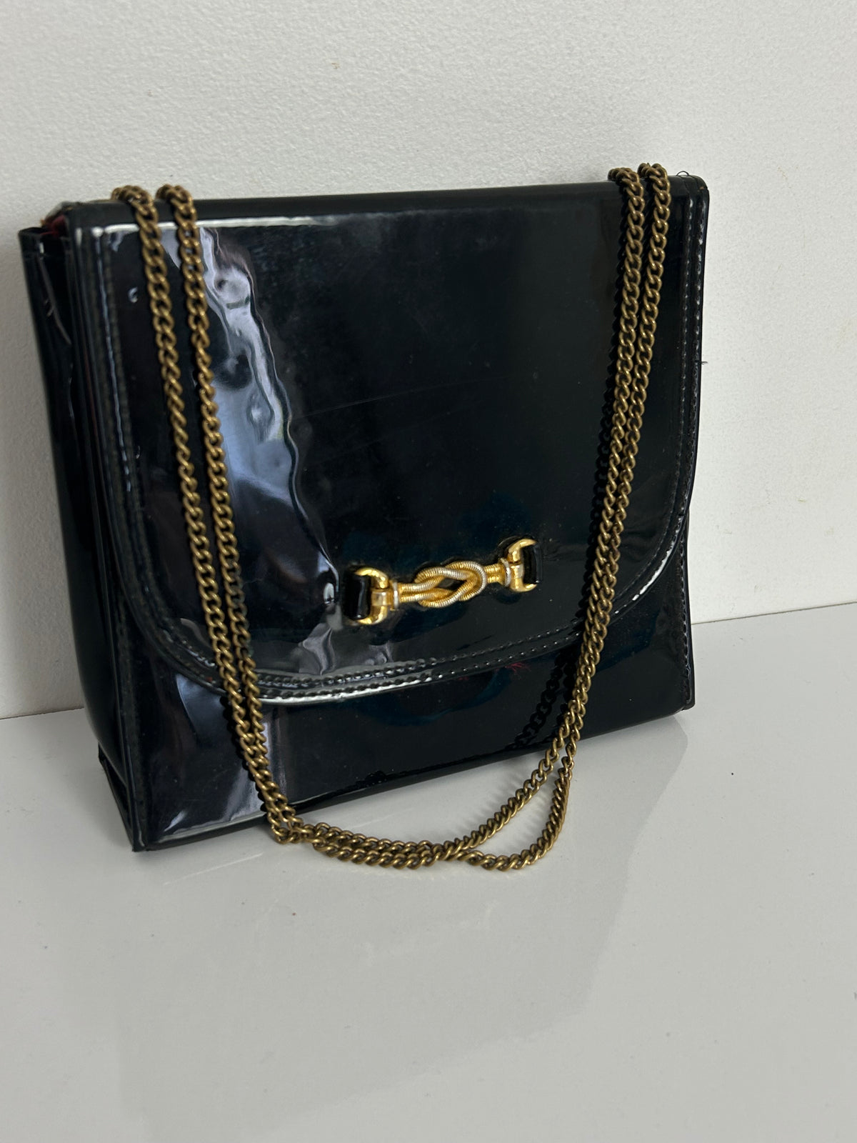 Vintage 1960s Black Patent Small Square Bag With Adjustable Chain Strap