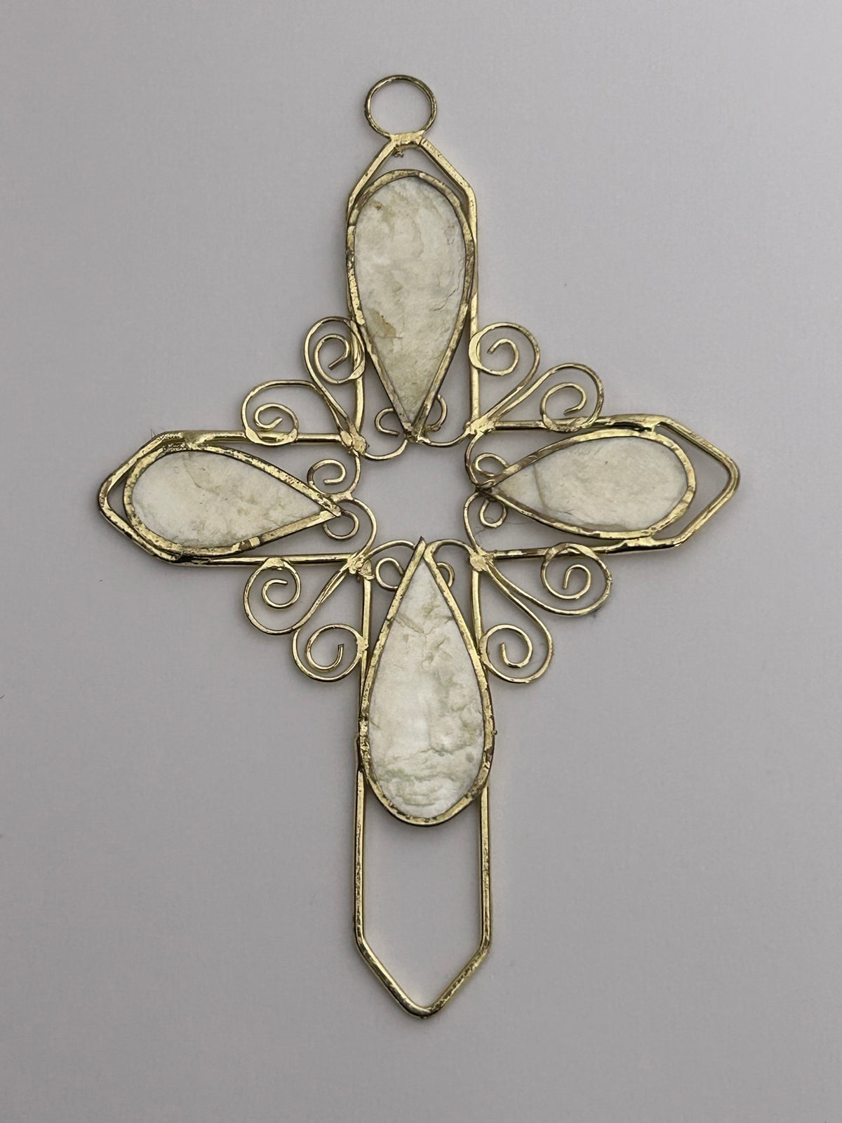 Vintage Handmade Beautiful Silver Metal & Shell Large Cross Pendant